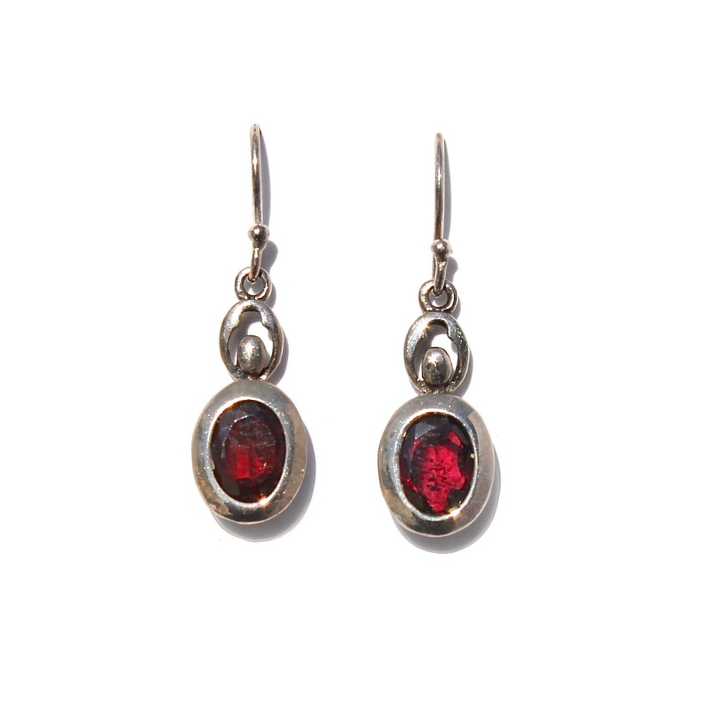 Vintage Lucas Lameth Garnet Sterling Silver Dangle Earrings Oval Red Gemstone
